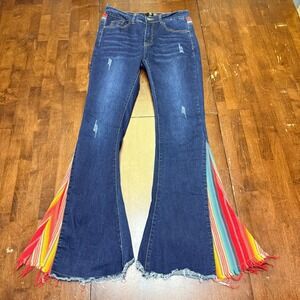L&B Lucky & Blessed Bell Bottom Jeans Womens 10 Blue Serape Flare Distressed